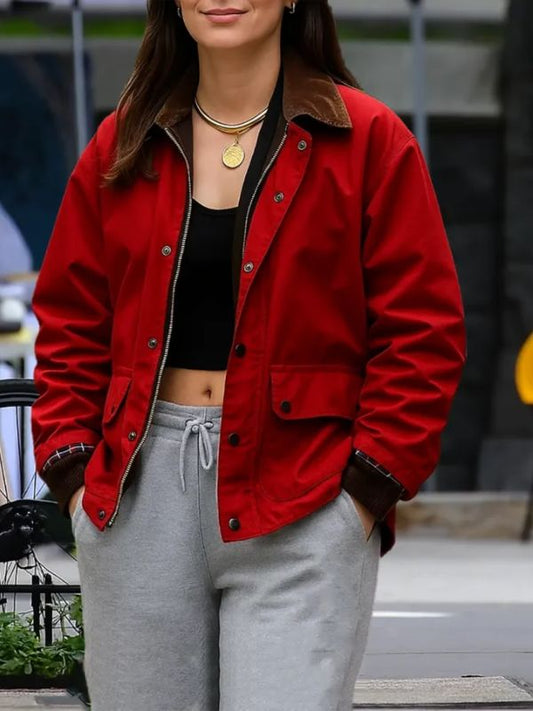 Emily Ratajkowski Red Cotton Bomber Jacket