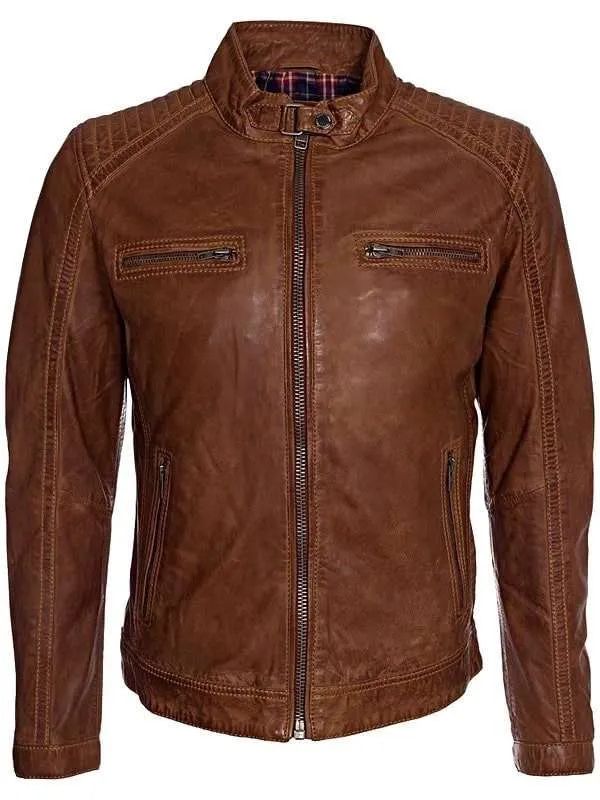 Men Cafe Racer Brown Real Leather Jacket