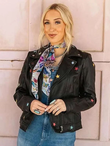 Morgan Nicole Zipper Len Star Black Biker Leather Jacket