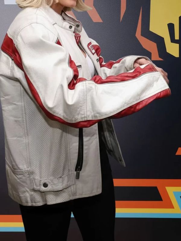 Racing Championship Sydney Sweeney White and Red Cafe Racer Leather Jacket
