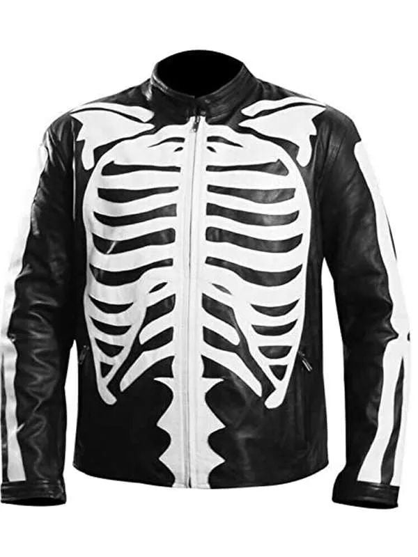 Skeleton Bones Halloween Party Black Leather Jacket