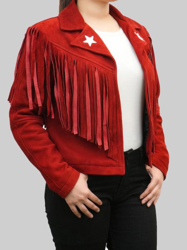 Women’s Red Western Style Fringed Leather Jacket